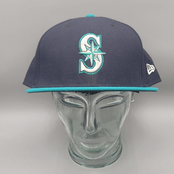 Seattle Mariners Navy Green Fitted Hat MLB New Era 59Fifty Cap Size 8 NE TECH - Picture 1 of 13